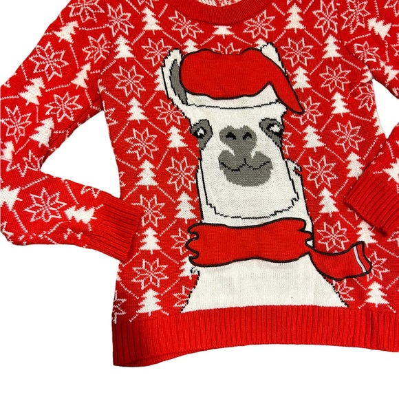 POOF Llama! Merry Ugly Christmas! Red & White Graphic Ugly Llama Sweater- Small - Picture 4 of 11